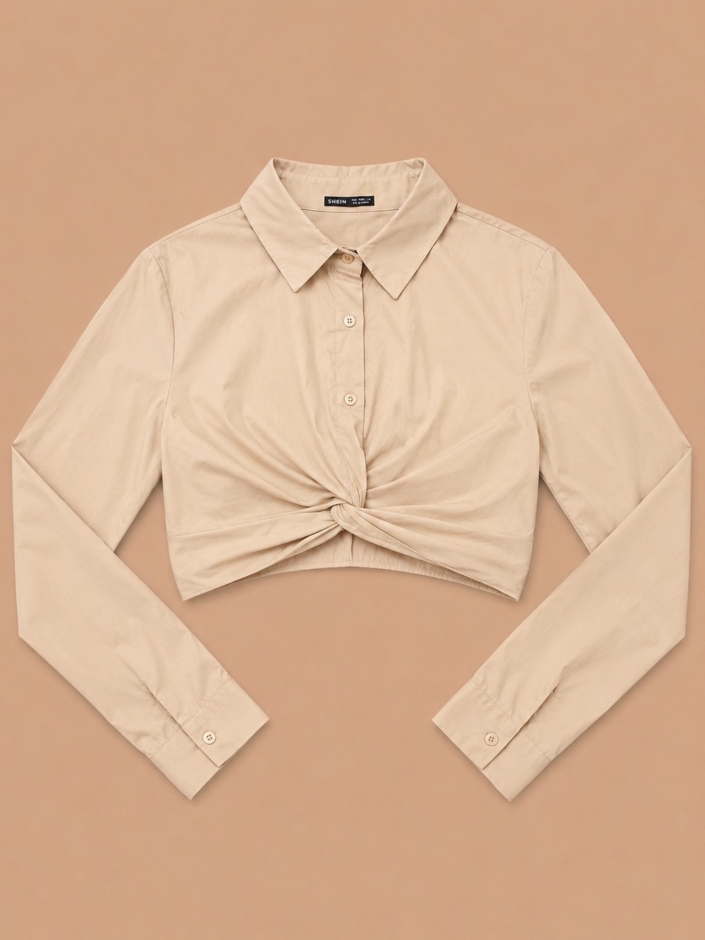 SHEIN Beige Twist-Front Cropped Button-Up Top